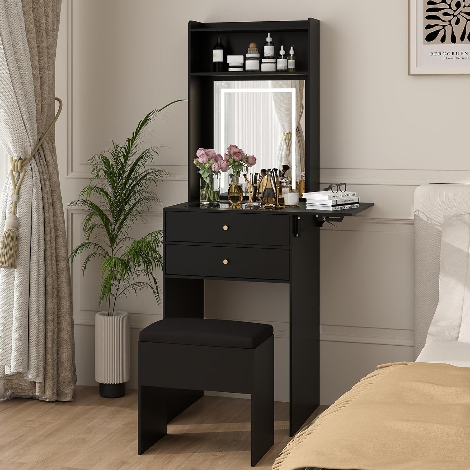 Desk Setup Black And Wood - Conjunto de Mesa de Maquiagem Mini