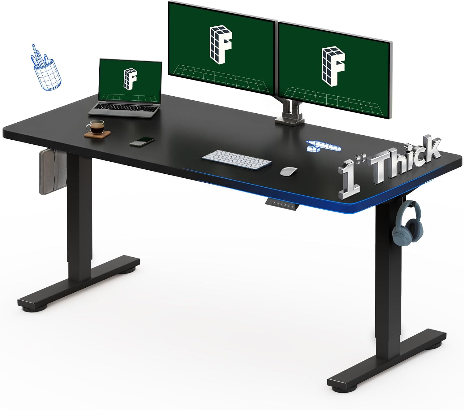 Desk Setup Black And Wood - Mesa Elétrica Ajustável FLEXISPOT 60