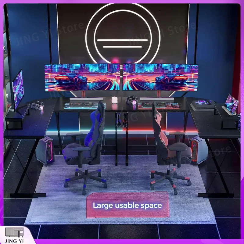 Mesa de Jogos em Forma de L co - Desk Setup Black And Wood avaliação e preço